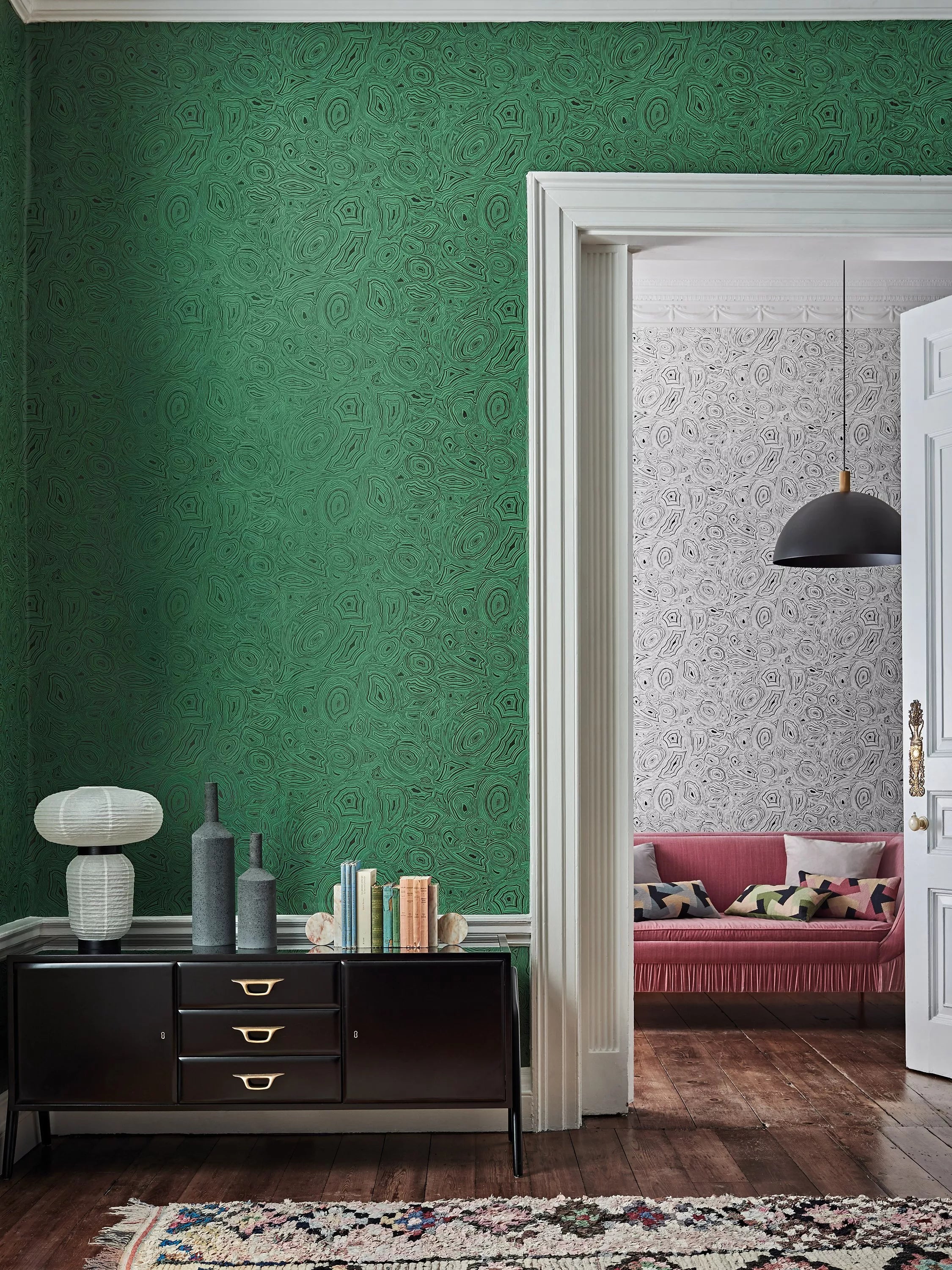 Cole & Son Malachite wallpaper in mineral shades, UK version