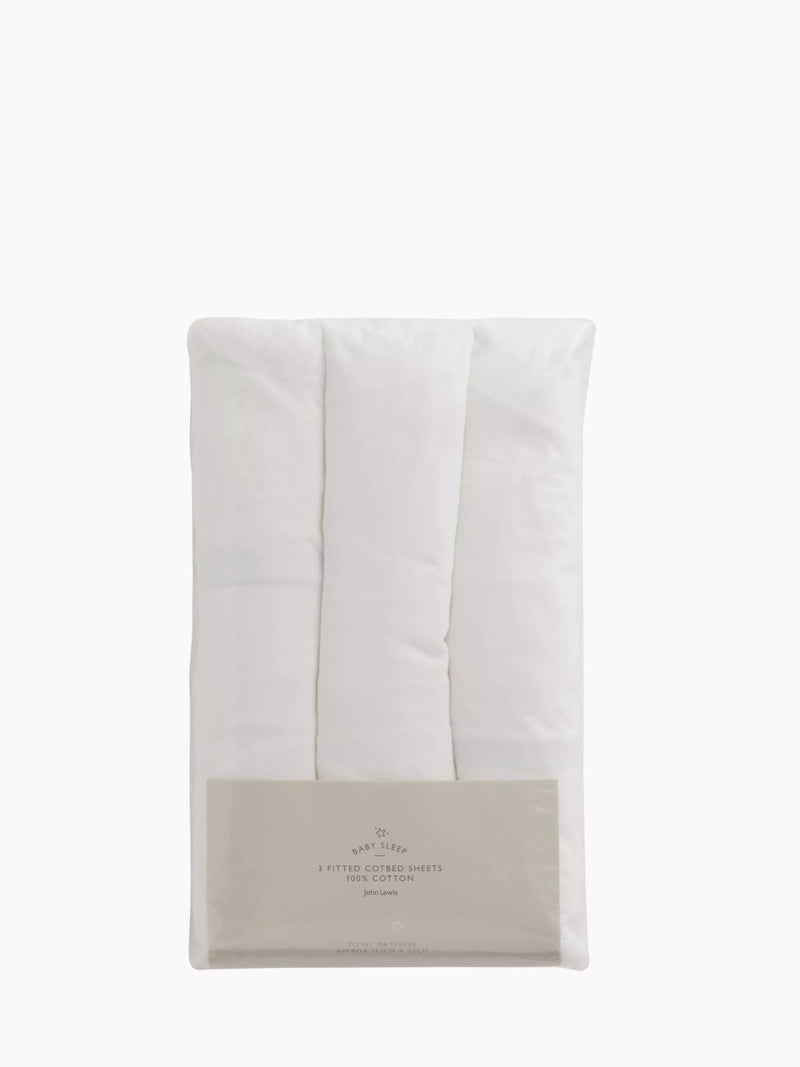 John Lewis cot bed sheets pack of 3 70x140cm white, imported from the UK