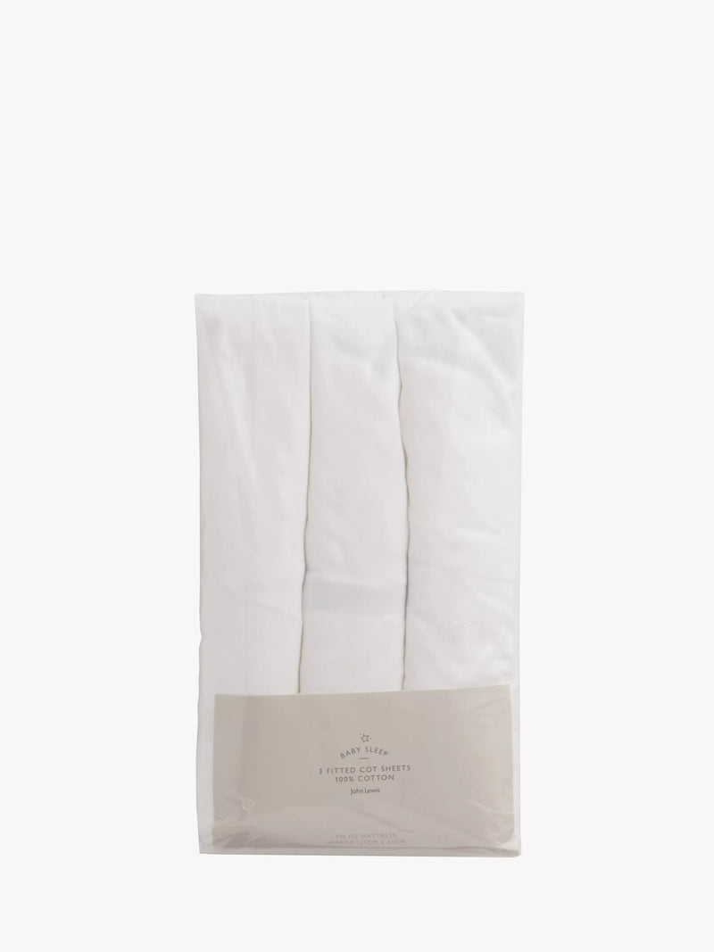 John Lewis cotton fitted cot sheets pack of 3 60x120cm white (British brand)