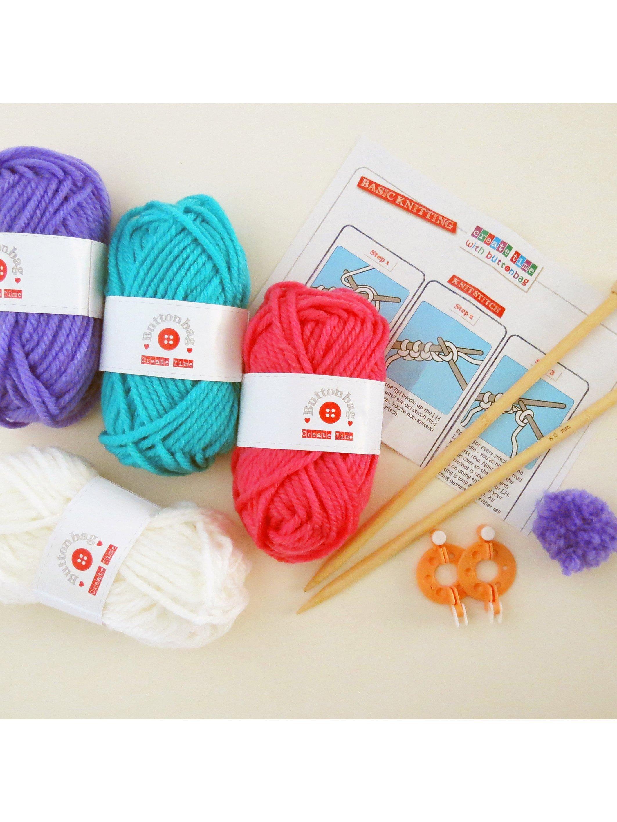Buttonbag pom pom scarf suitcase knitting kit, UK version