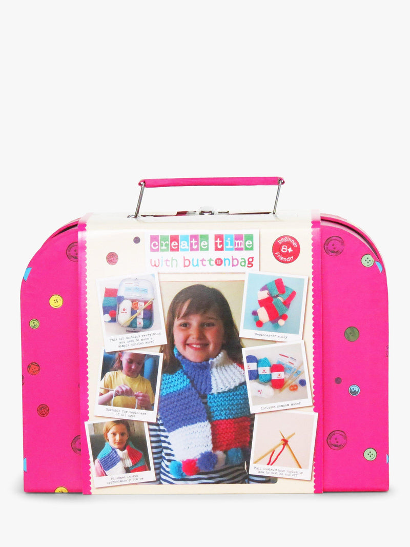 Buttonbag pom pom scarf suitcase knitting kit, UK version