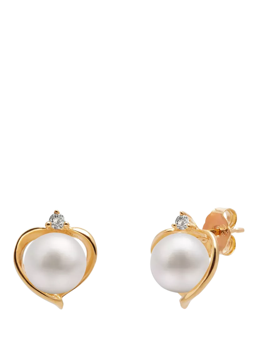 E.W Adams 9ct gold freshwater pearl and topaz heart stud earrings, UK version