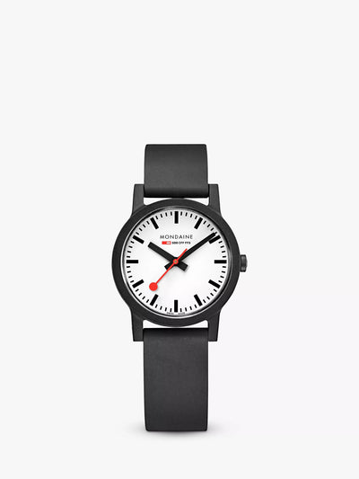 John Lewis Mondaine Essence Unisex 32mm Rubber Strap Watch, Black/White- Buy online at McGrocer