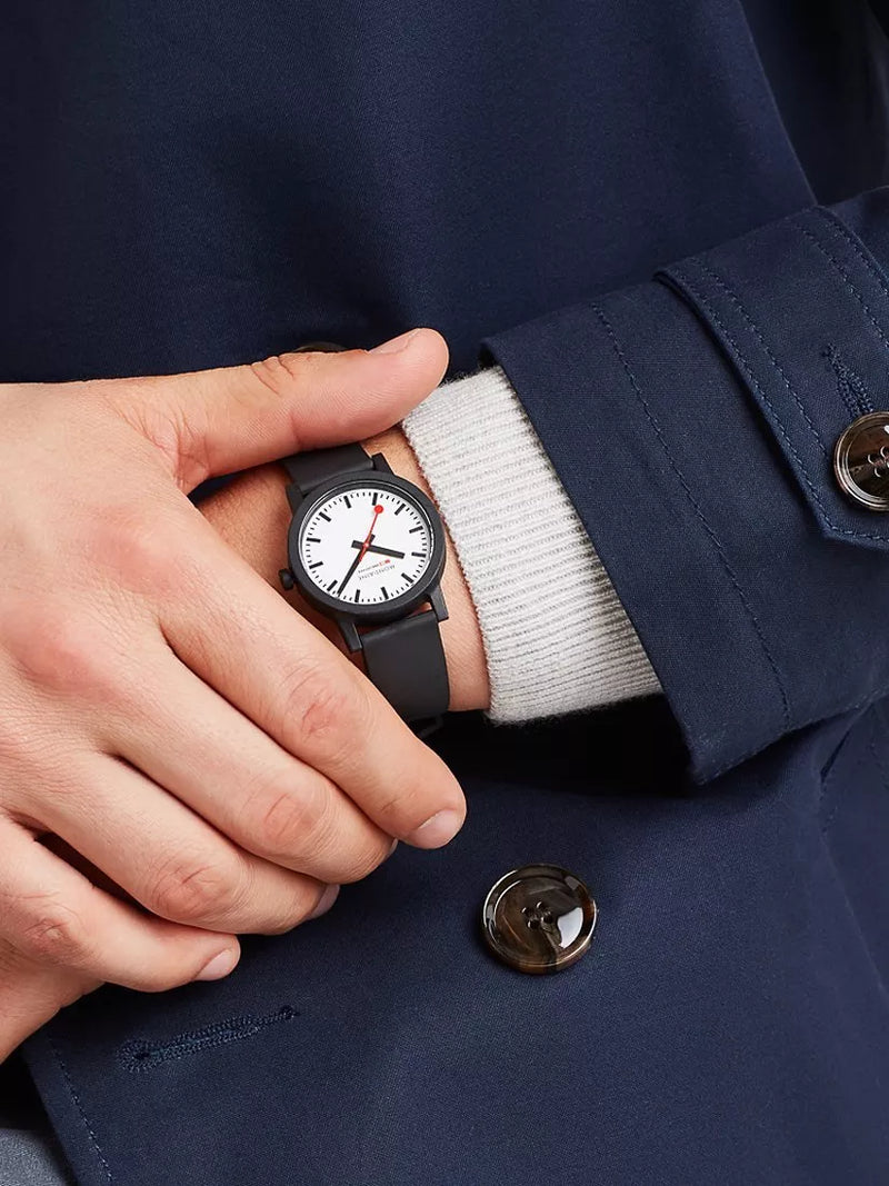 Mondaine Essence 32mm black rubber watch, imported from the UK