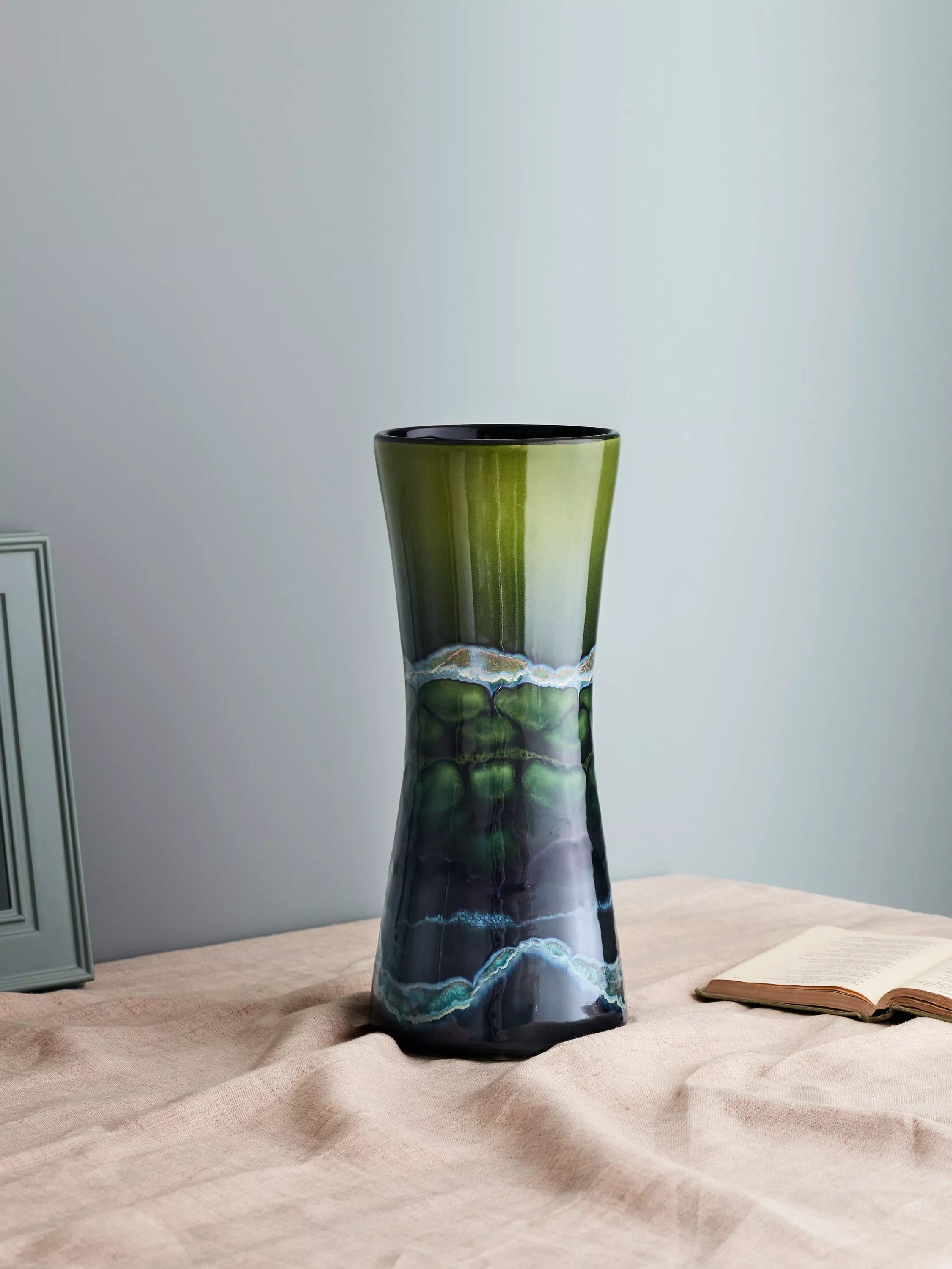 Poole Pottery Maya hourglass vase in green, 34cm tall, imported from the UK