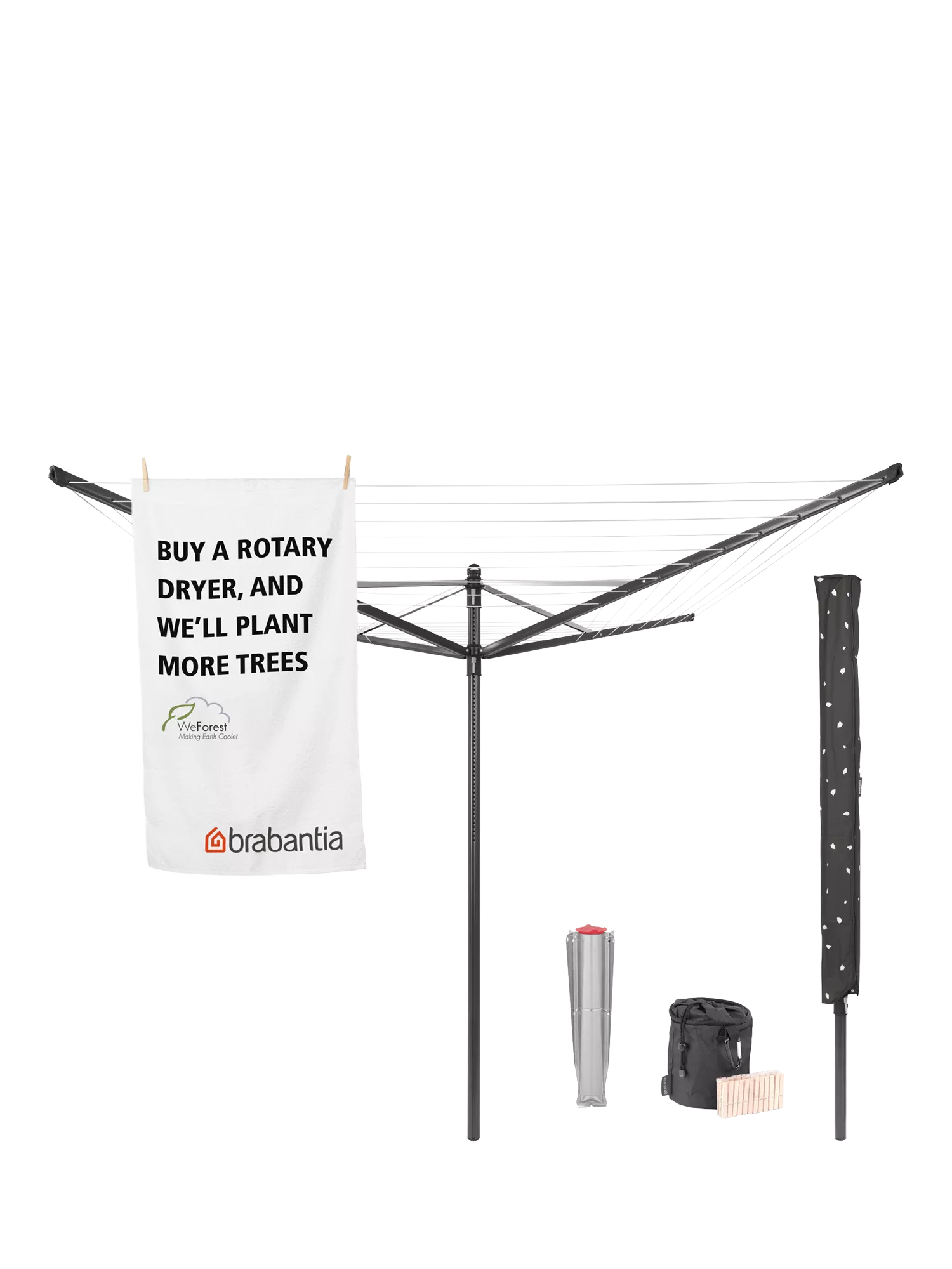 Brabantia Lift-O-Matic Rotary Clothes Airer with Ground Spike, Cover, Peg Bag and Pegs, 50m