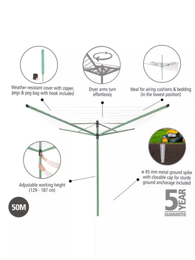 John Lewis Brabantia Lift-O-Matic Rotary Clothes Airer with Ground Spike, Cover, Peg Bag and Pegs, 50m- Buy online at McGrocer