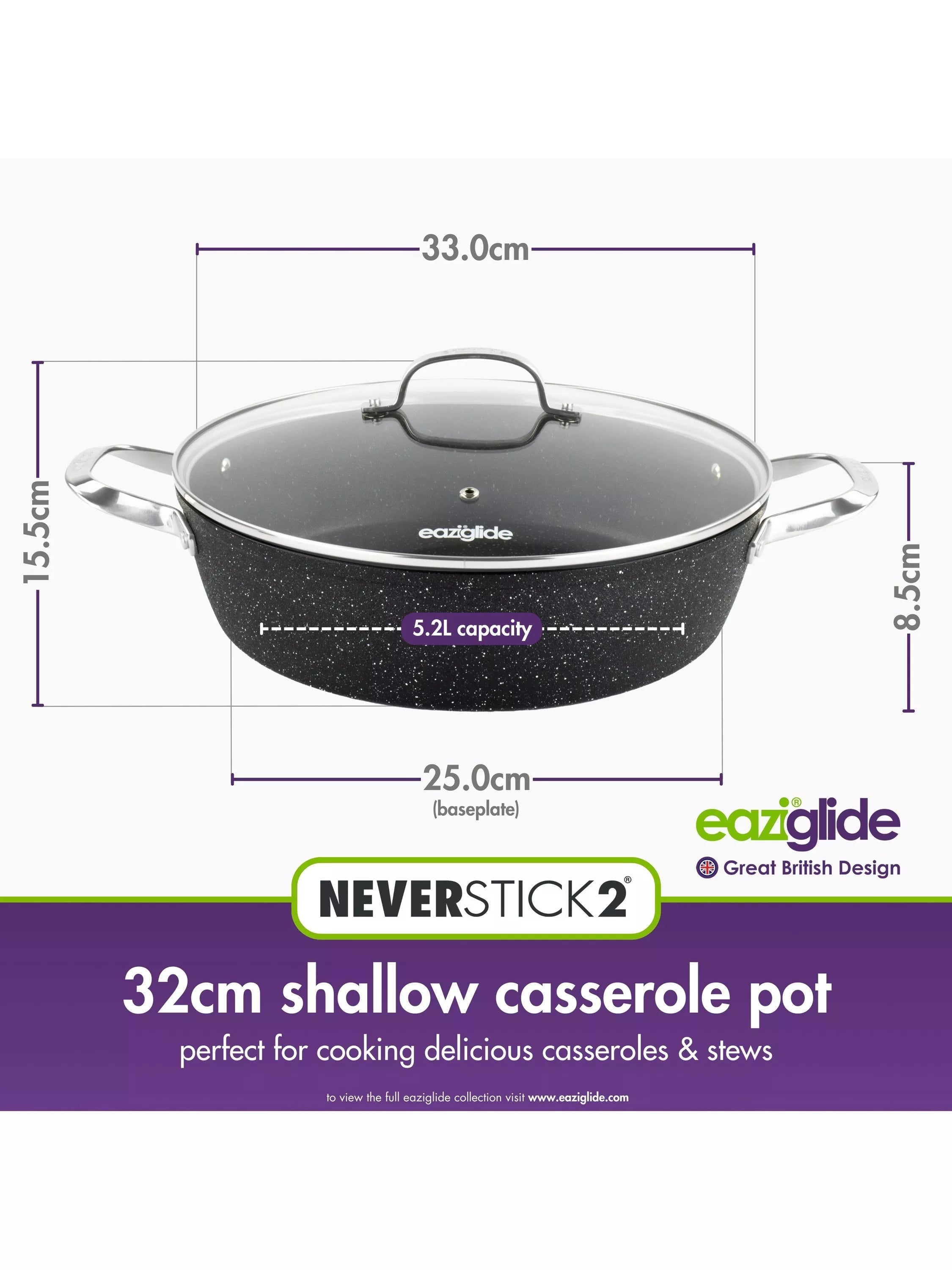 Eaziglide Neverstick2 Aluminium Non-Stick Shallow Casserole 32cm - British product