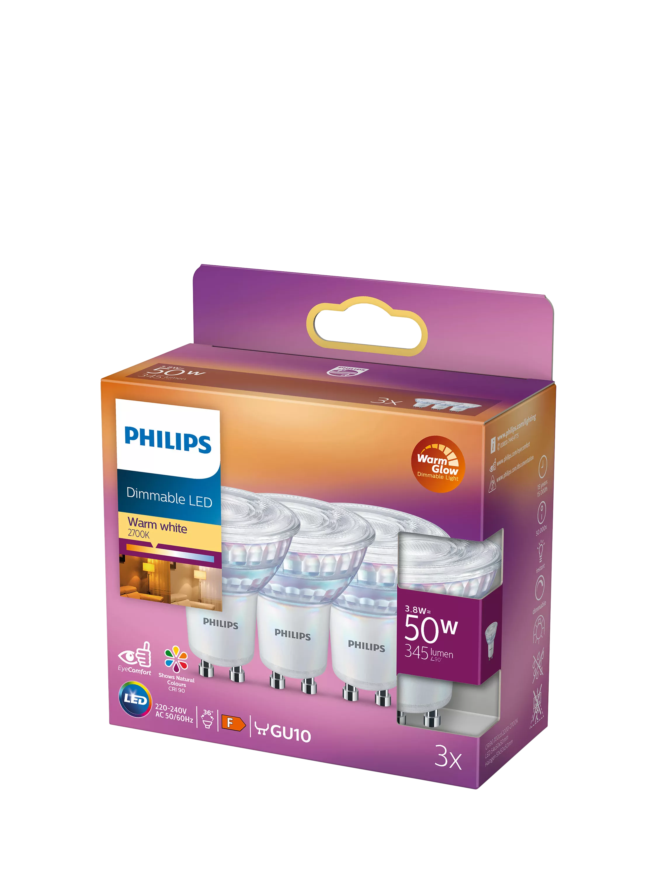 Philips LED spotlight bulb dimmable warm white pack of 3, UK version