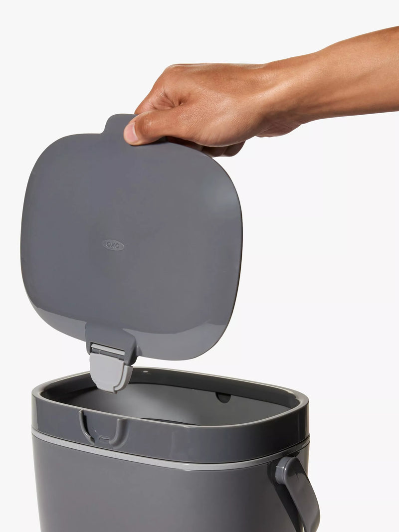 OXO large food waste compost caddy 6.6L in grey and mineral, imported from the UK