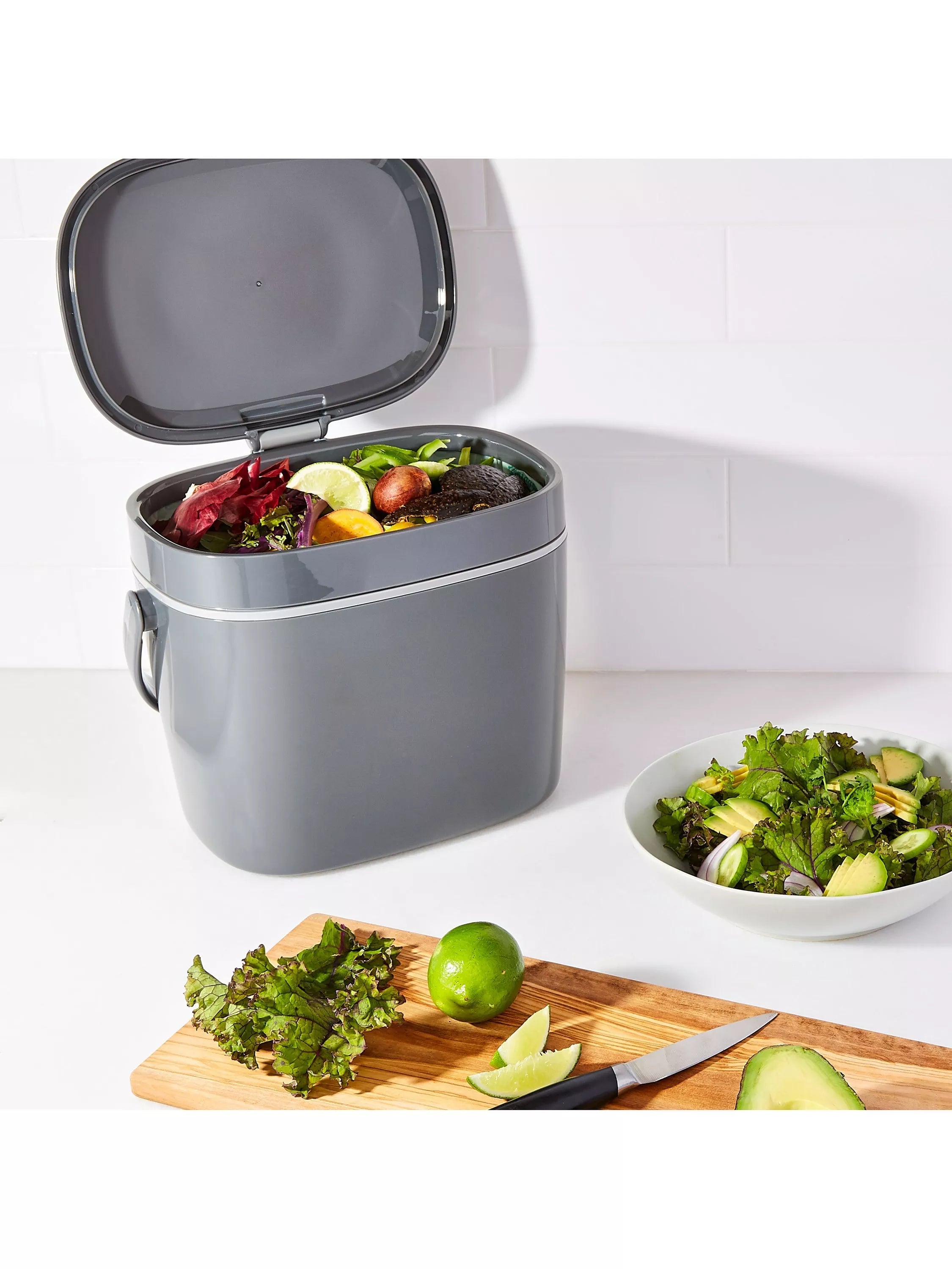 OXO large food waste compost caddy 6.6L in grey and mineral, imported from the UK