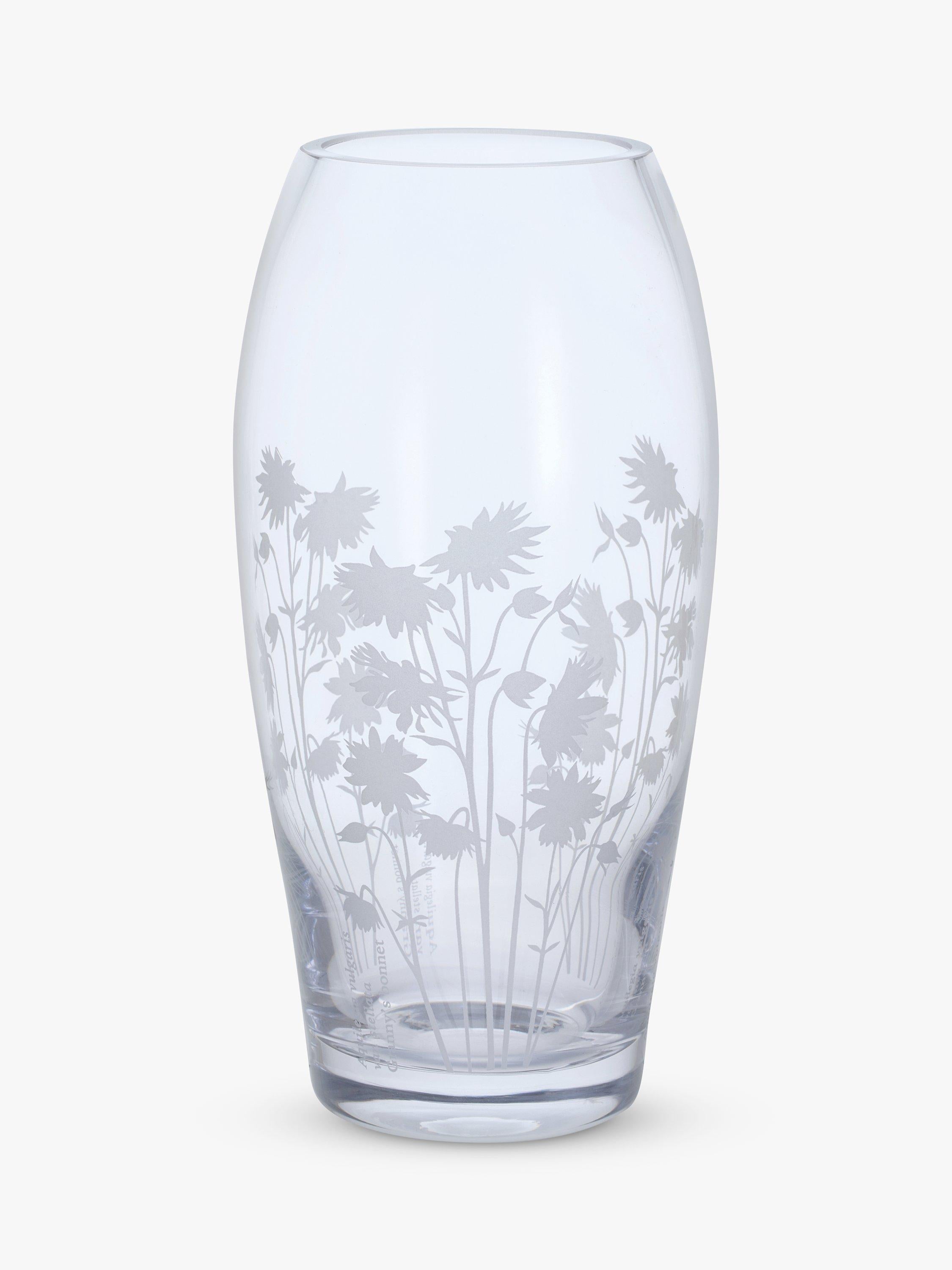 Handmade Clear Glass Barrel Vase with Aguilegia Flower Etchings, 22cm