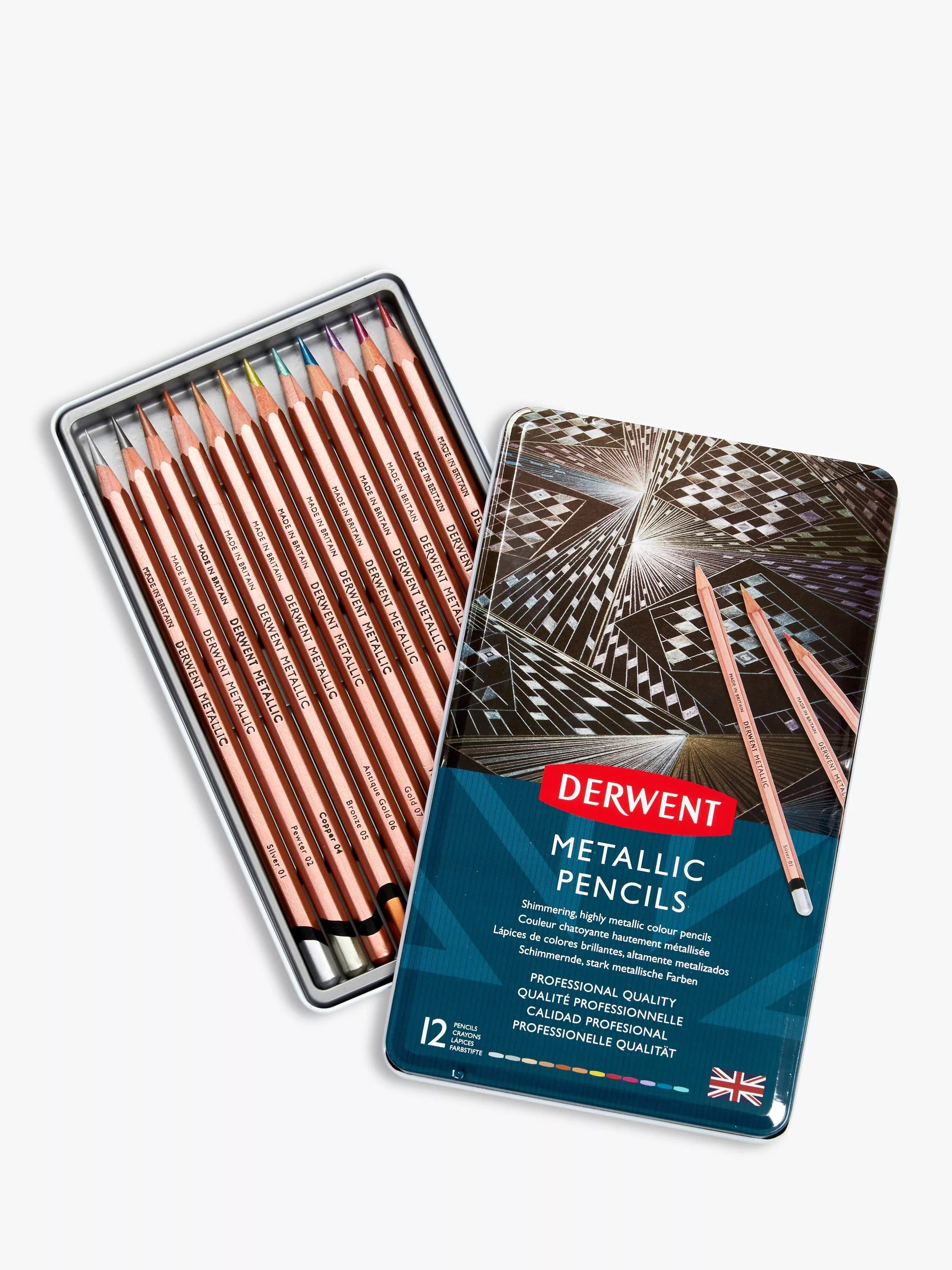 Derwent Metallic Pencils pack of 12 for shimmering effects (British brand)