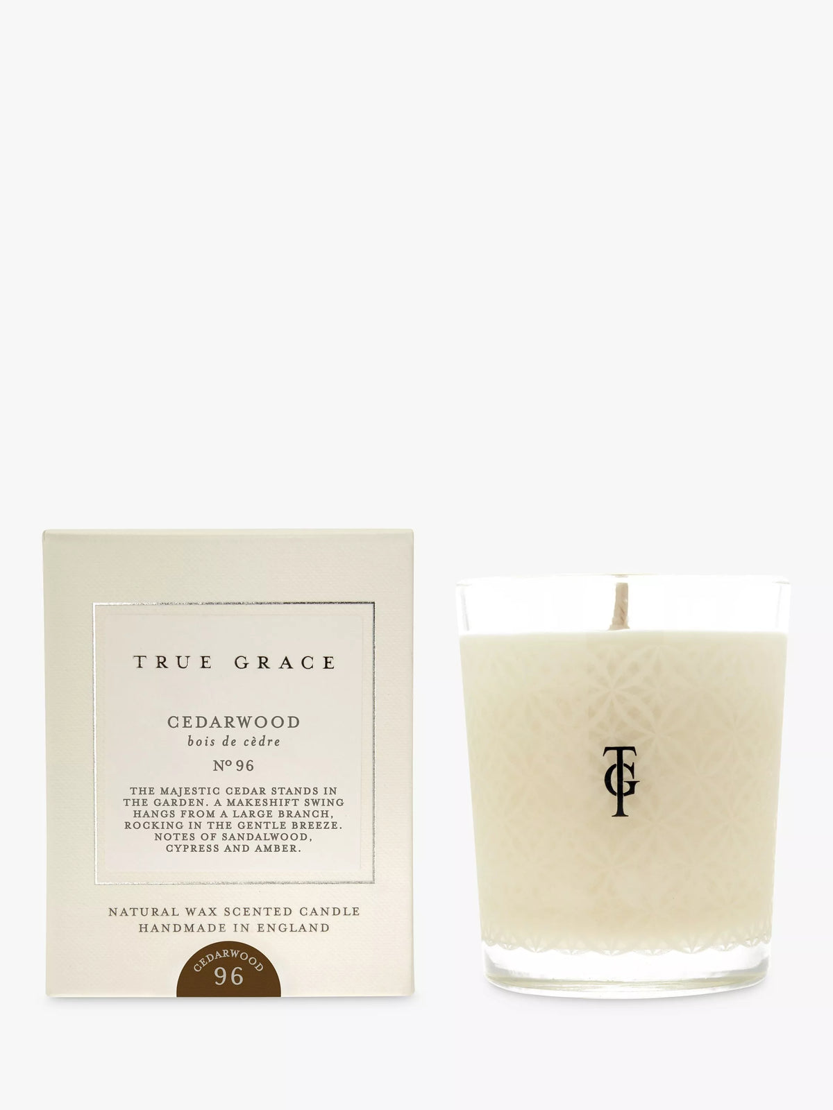 True Grace cedarwood scented candle 190g, imported from the UK