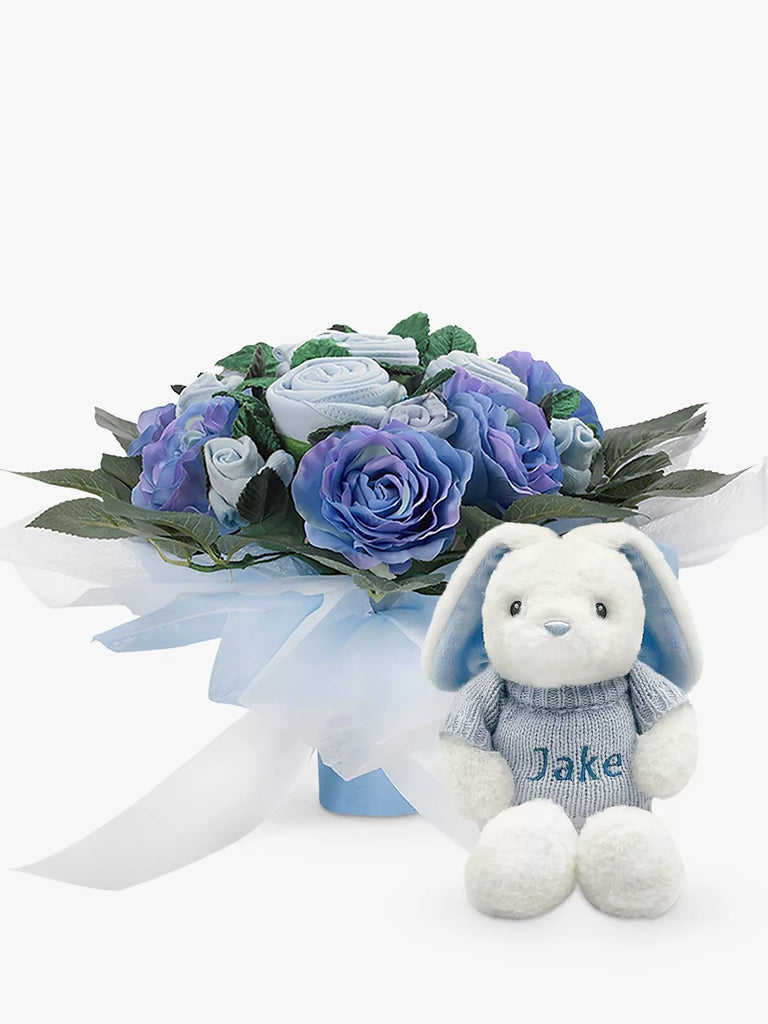 Babyblooms Luxury Baby Clothes Bouquet and Personalised Baby Bunny Soft Toy, Light Blue