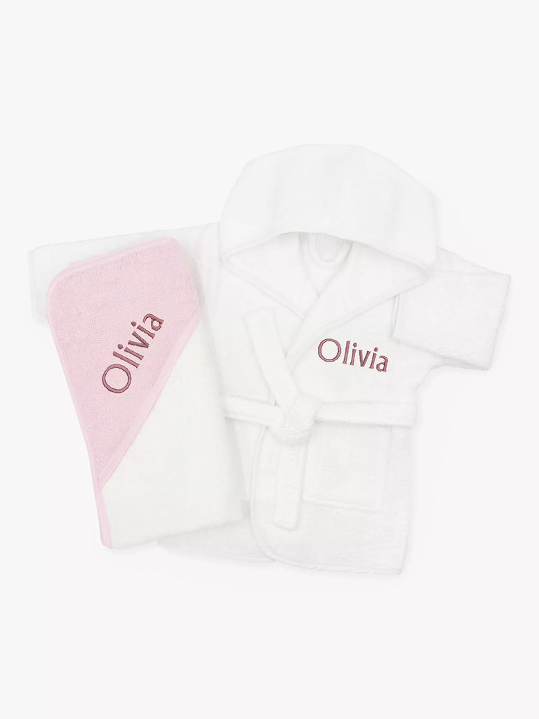 Babyblooms Personalised Baby Bathrobe with Luxury Hooded Baby Towel, White/Pink