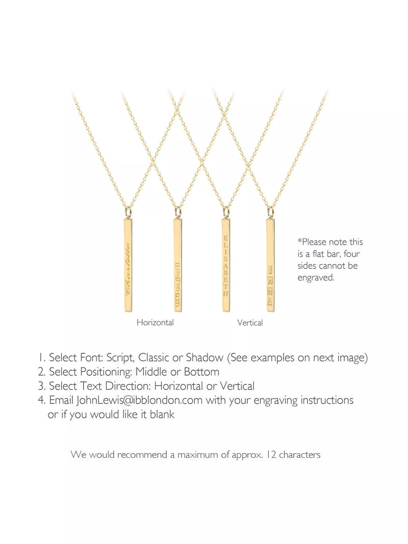 IBB personalised long vertical bar pendant necklace in gold, UK version