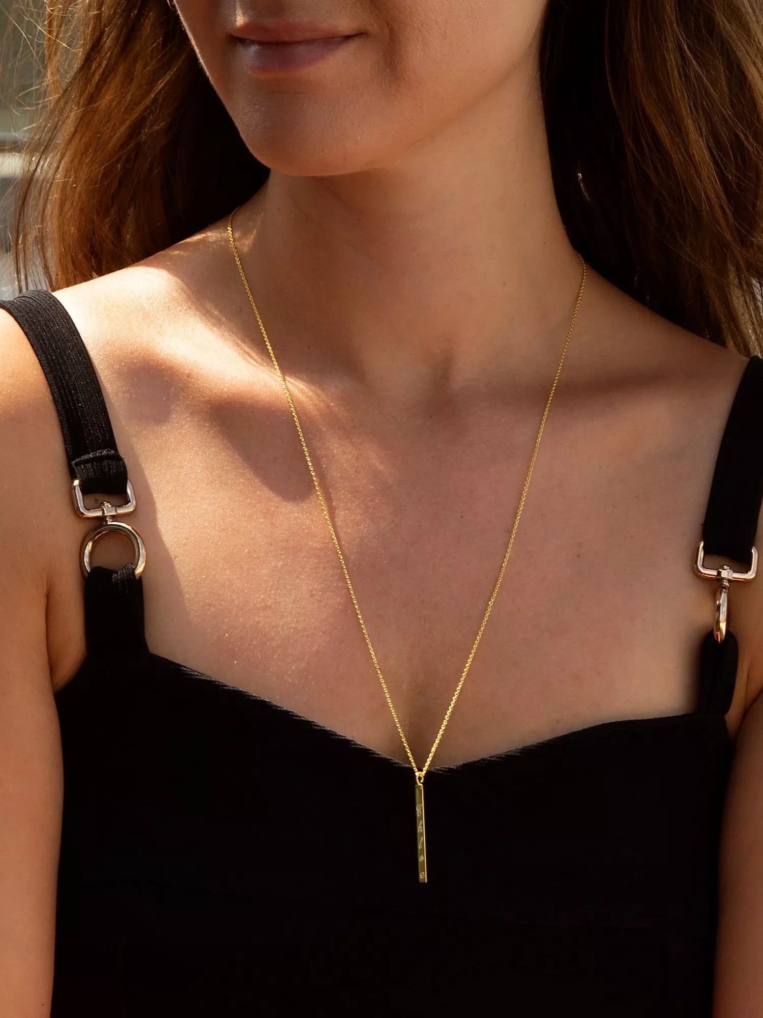 IBB personalised long vertical bar pendant necklace in gold, UK version