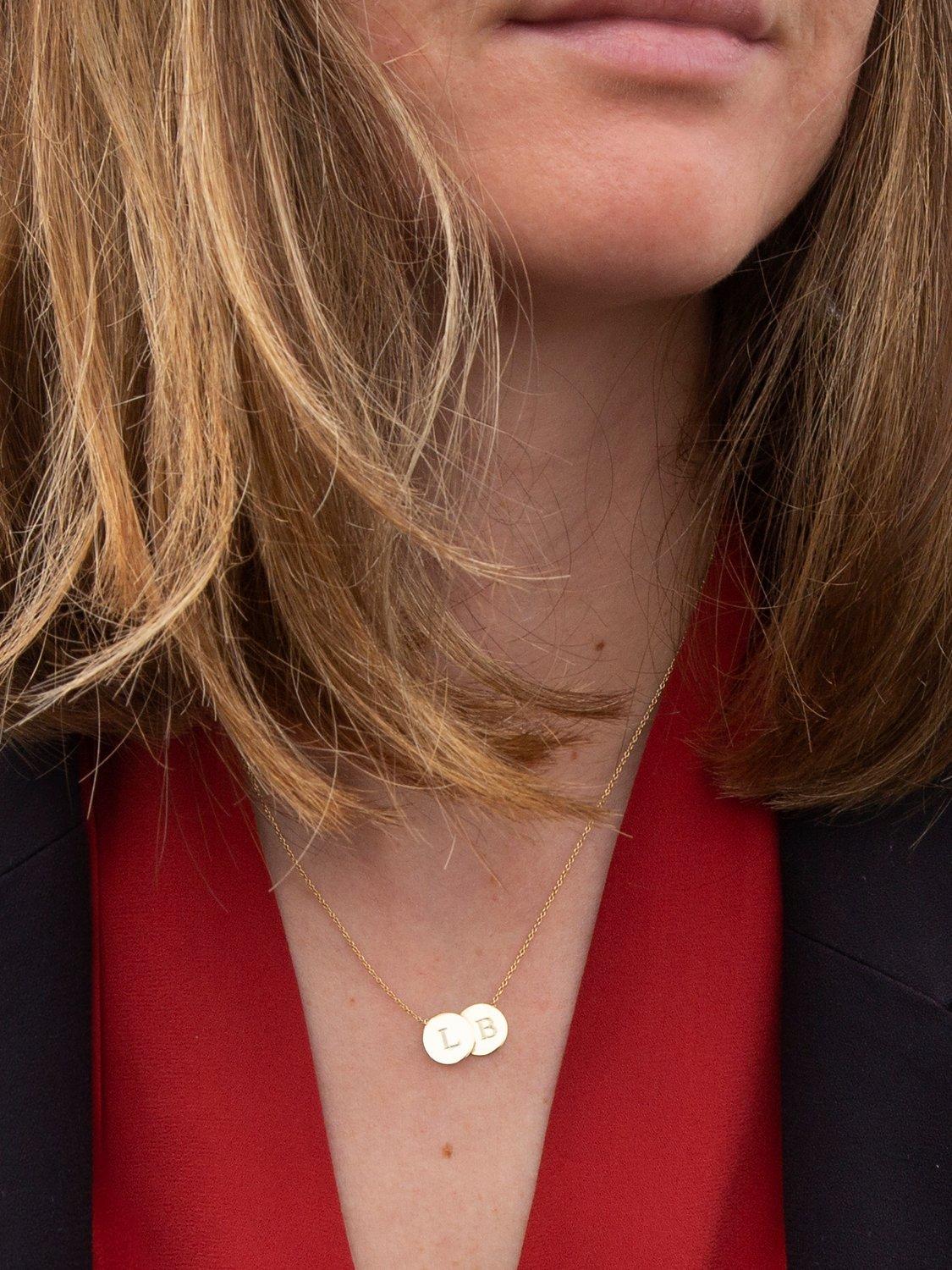 IBB personalised 9ct gold double disc initial pendant necklace, UK version
