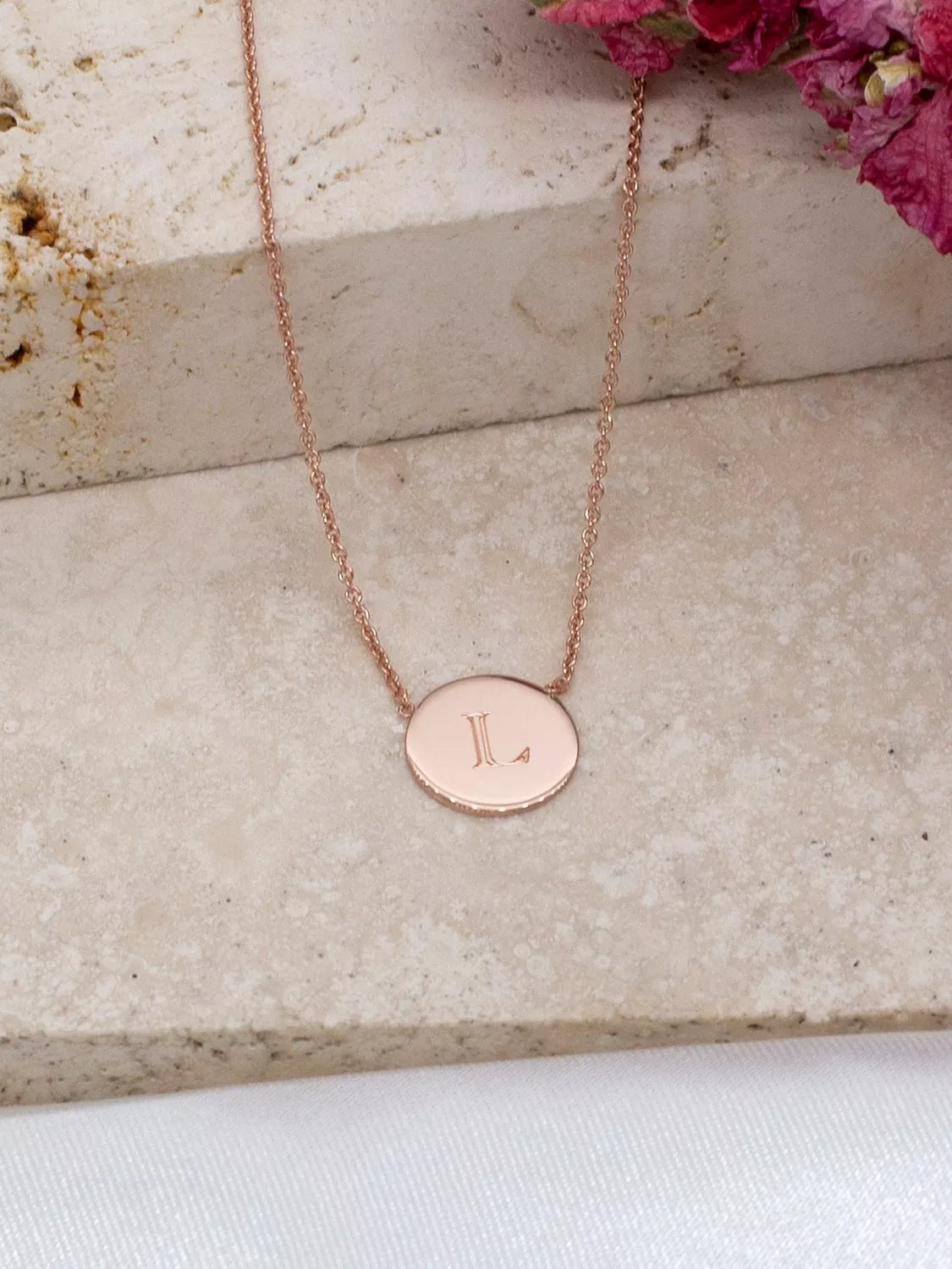 IBB personalised 9ct rose gold single disc pendant necklace, UK version
