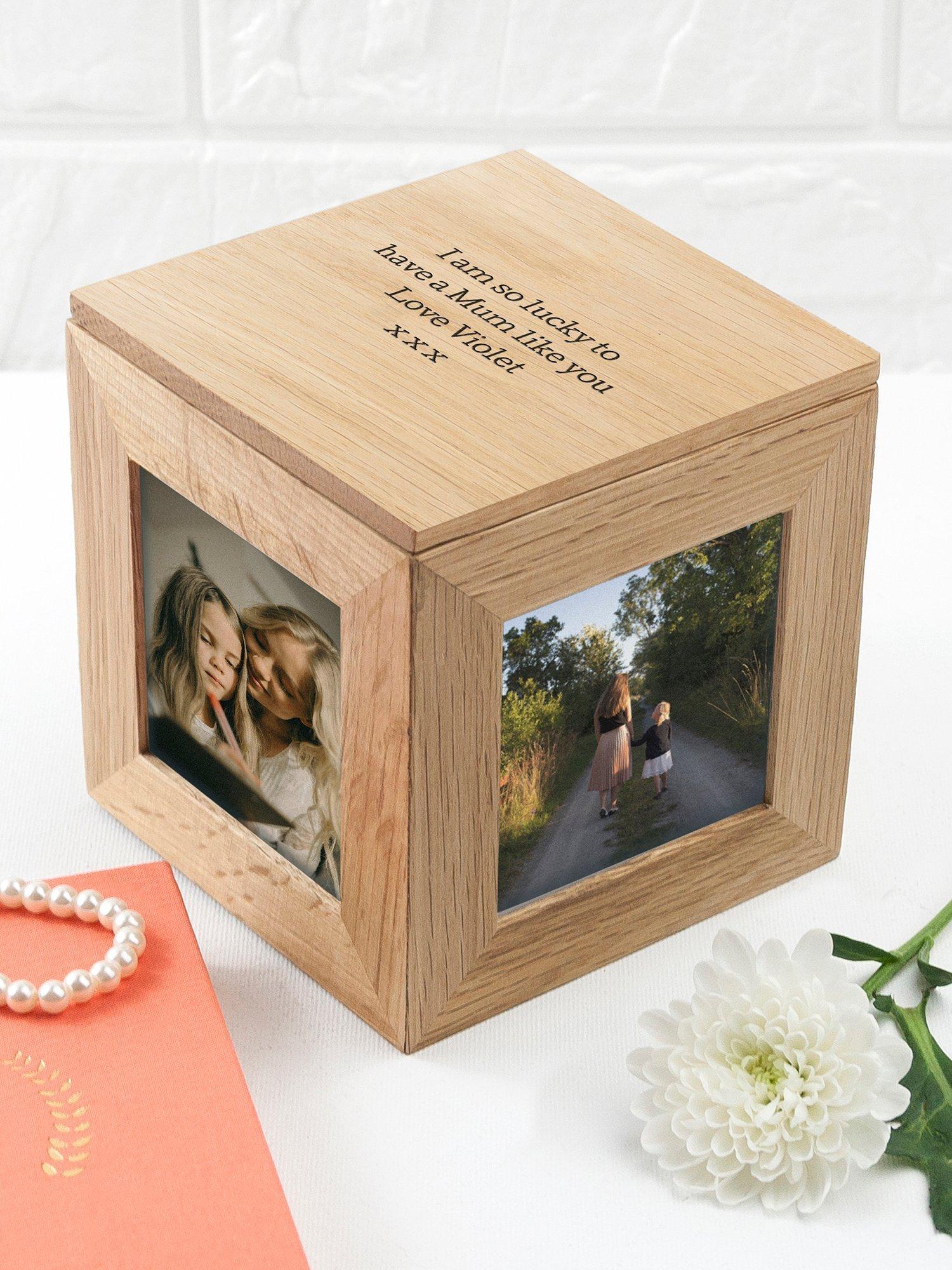 Treat Republic personalised photo cube keepsake box in sandy oak wood (British brand)
