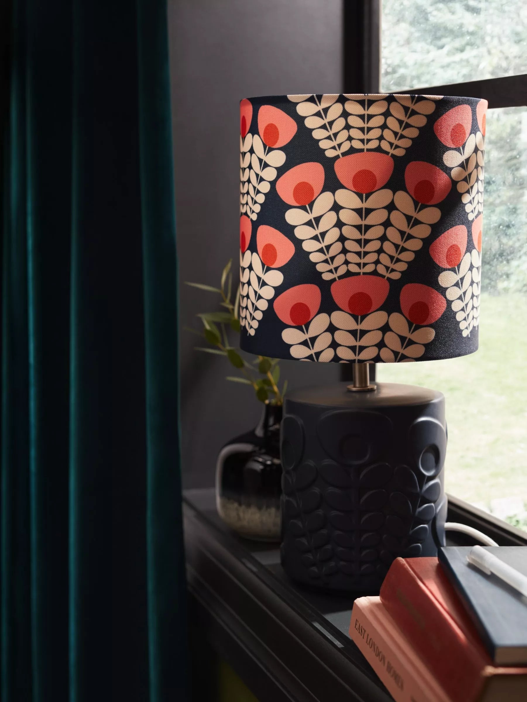 Orla Kiely pink ceramic table lamp with navy shade, UK version