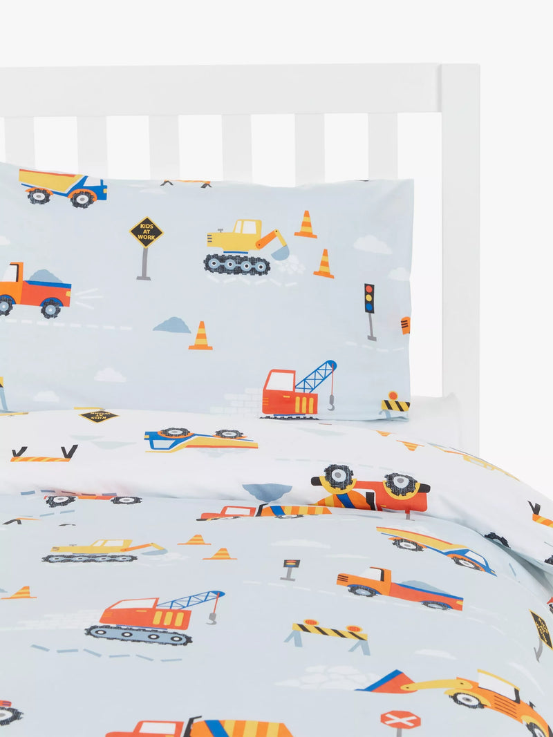 John Lewis reversible pure cotton duvet cover and pillowcase set, single, construction pattern, multi, UK version
