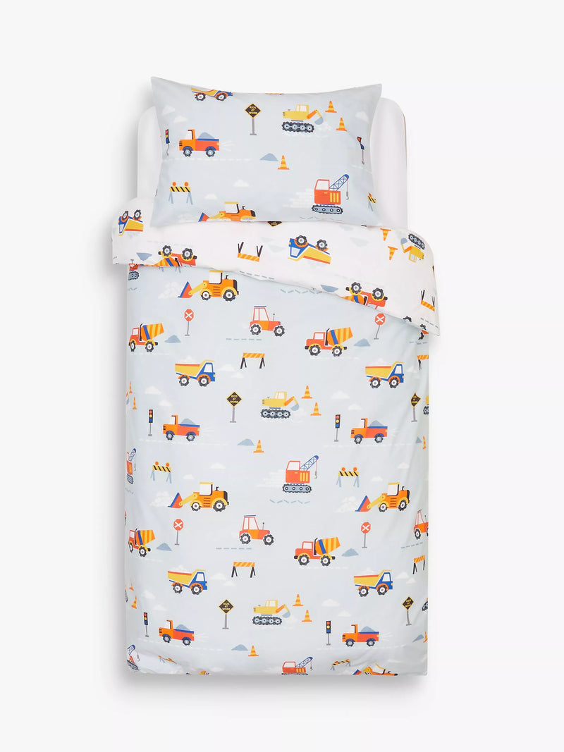 John Lewis reversible pure cotton duvet cover and pillowcase set, single, construction pattern, multi, UK version