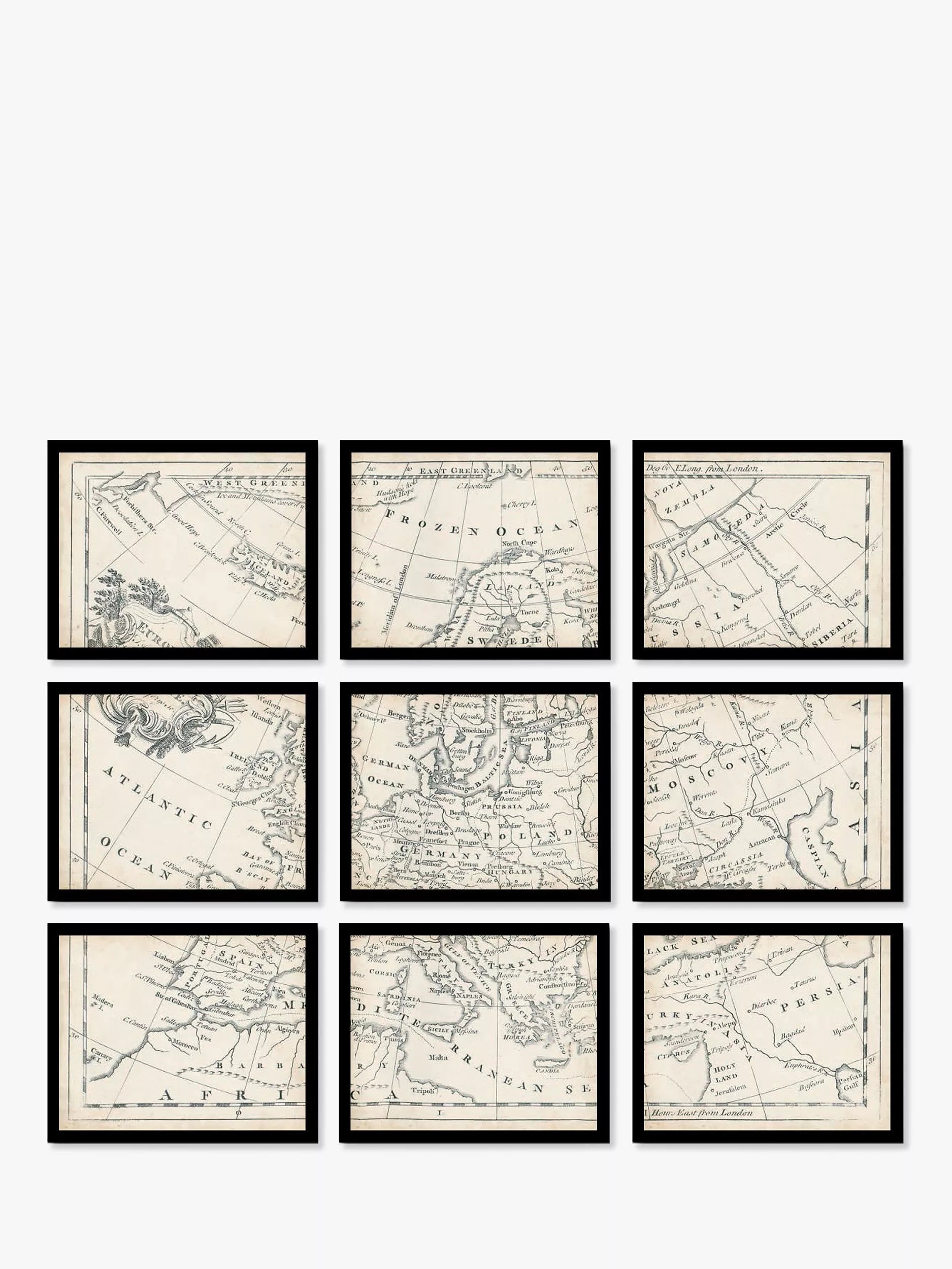 John Lewis vintage map of Europe framed print set 9 piece, imported from the UK