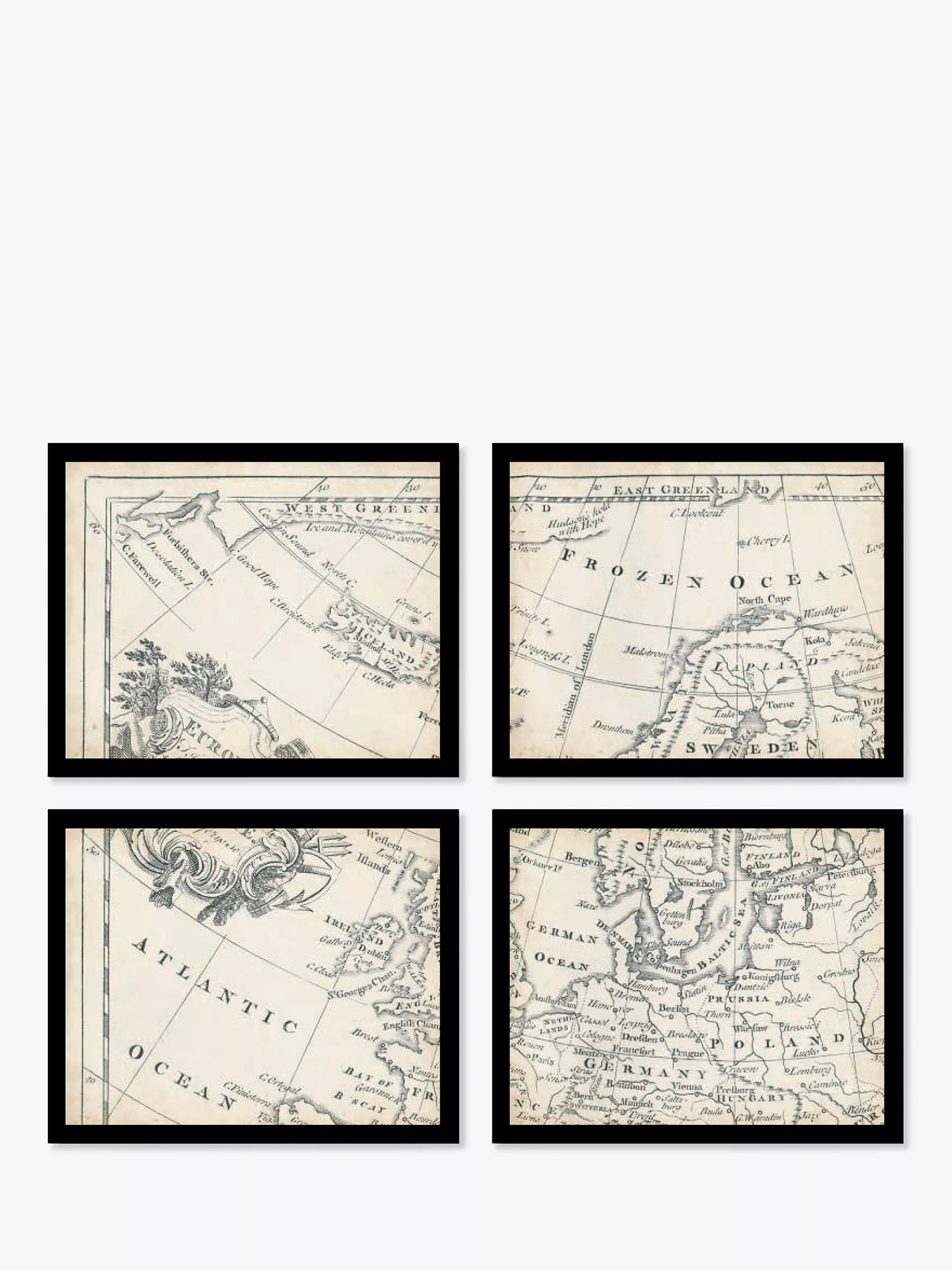 John Lewis vintage map of Europe framed print set 9 piece, imported from the UK