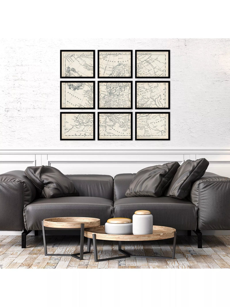 John Lewis vintage map of Europe framed print set 9 piece, imported from the UK