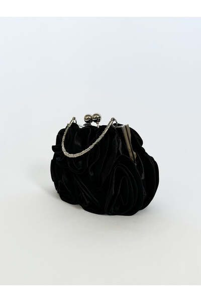 3D Rose clutch bag in black with chain strap (British brand)