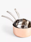 John Lewis copper tri-ply saucepan set 3 piece, imported from the UK
