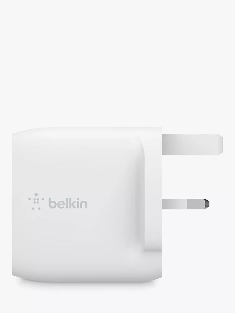 Belkin white dual USB wall charger, imported from the UK
