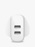 Belkin white dual USB wall charger, imported from the UK