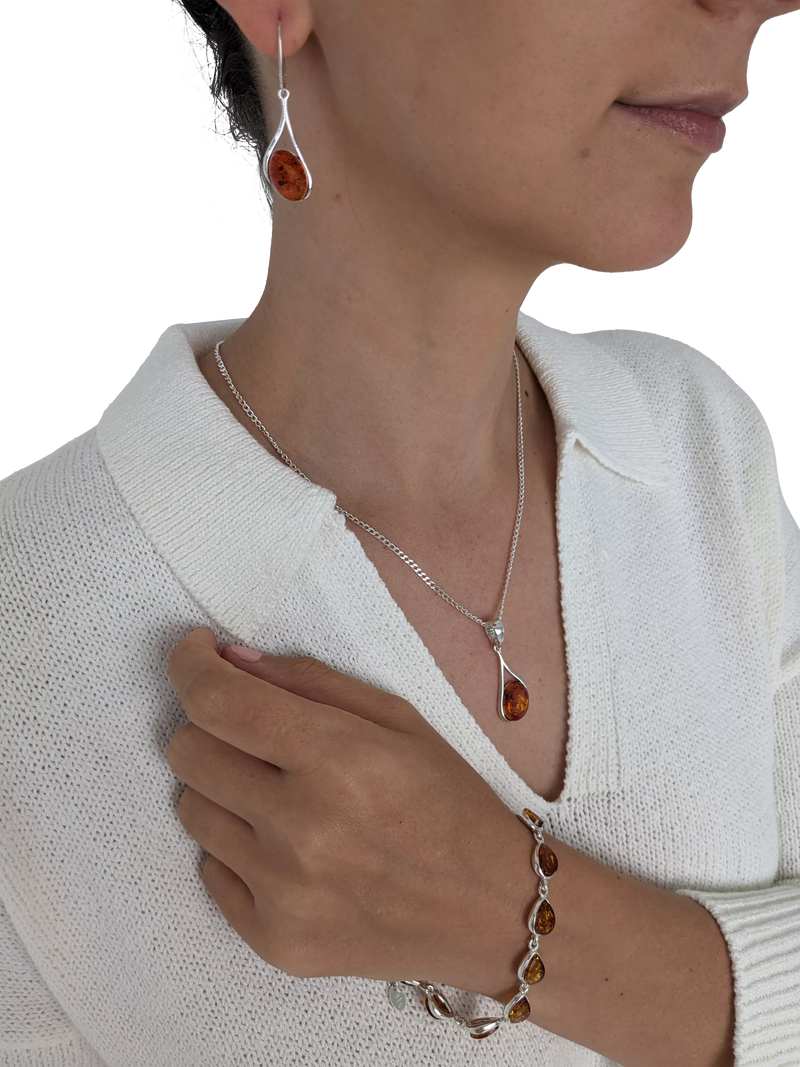 Be-Jewelled cognac amber drop earrings sterling silver, imported from the UK