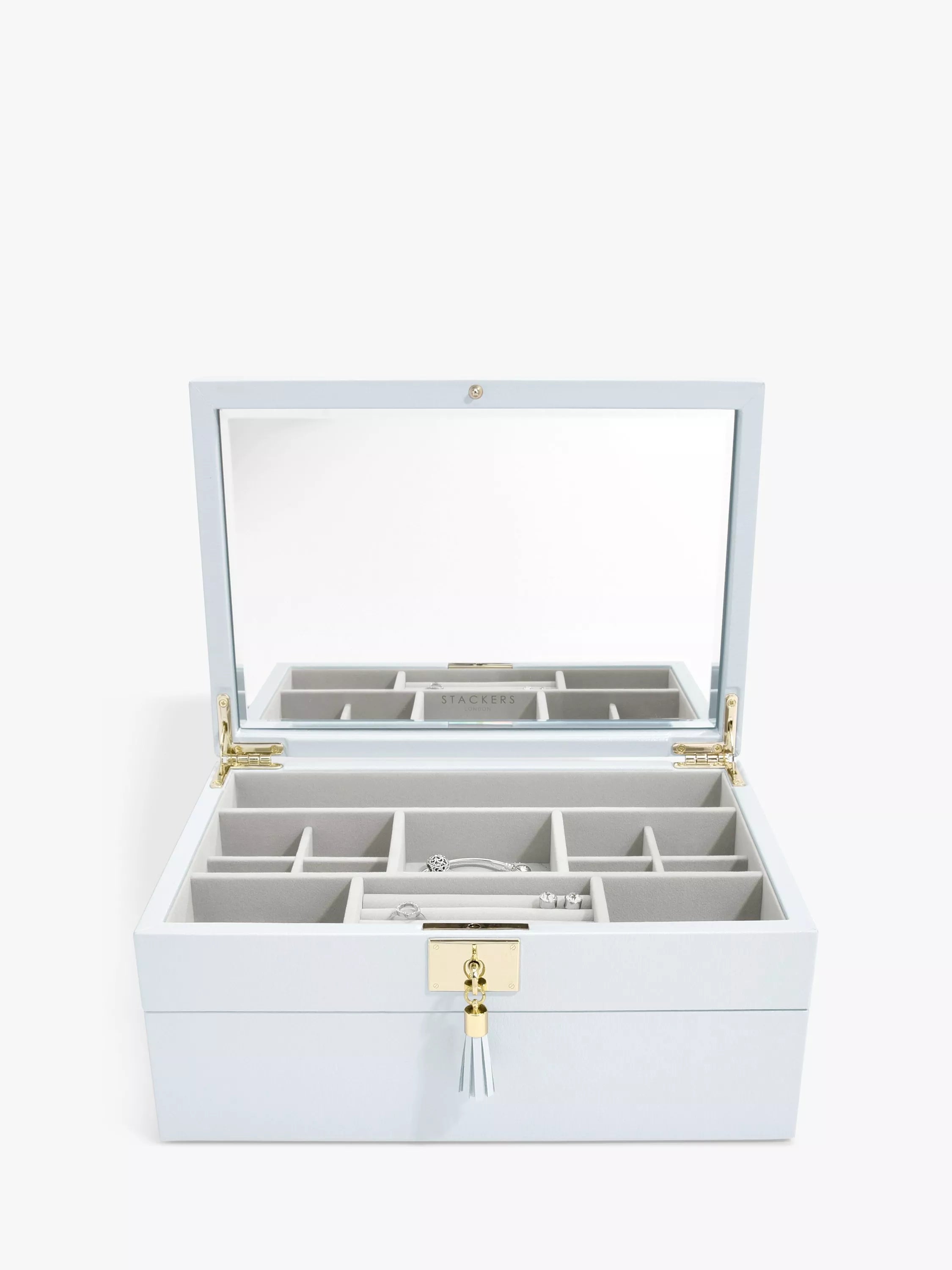 Stackers blue leather jewellery box with mirror - British product