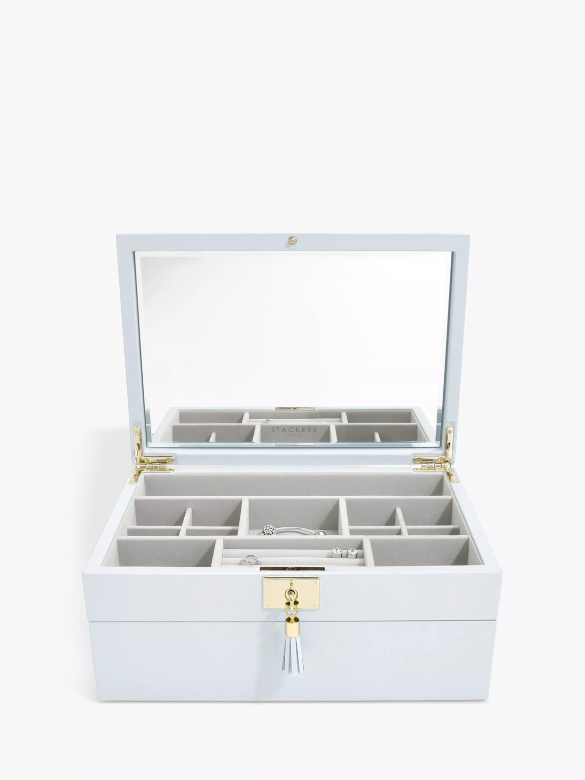 Stackers blue leather jewellery box with mirror - British product