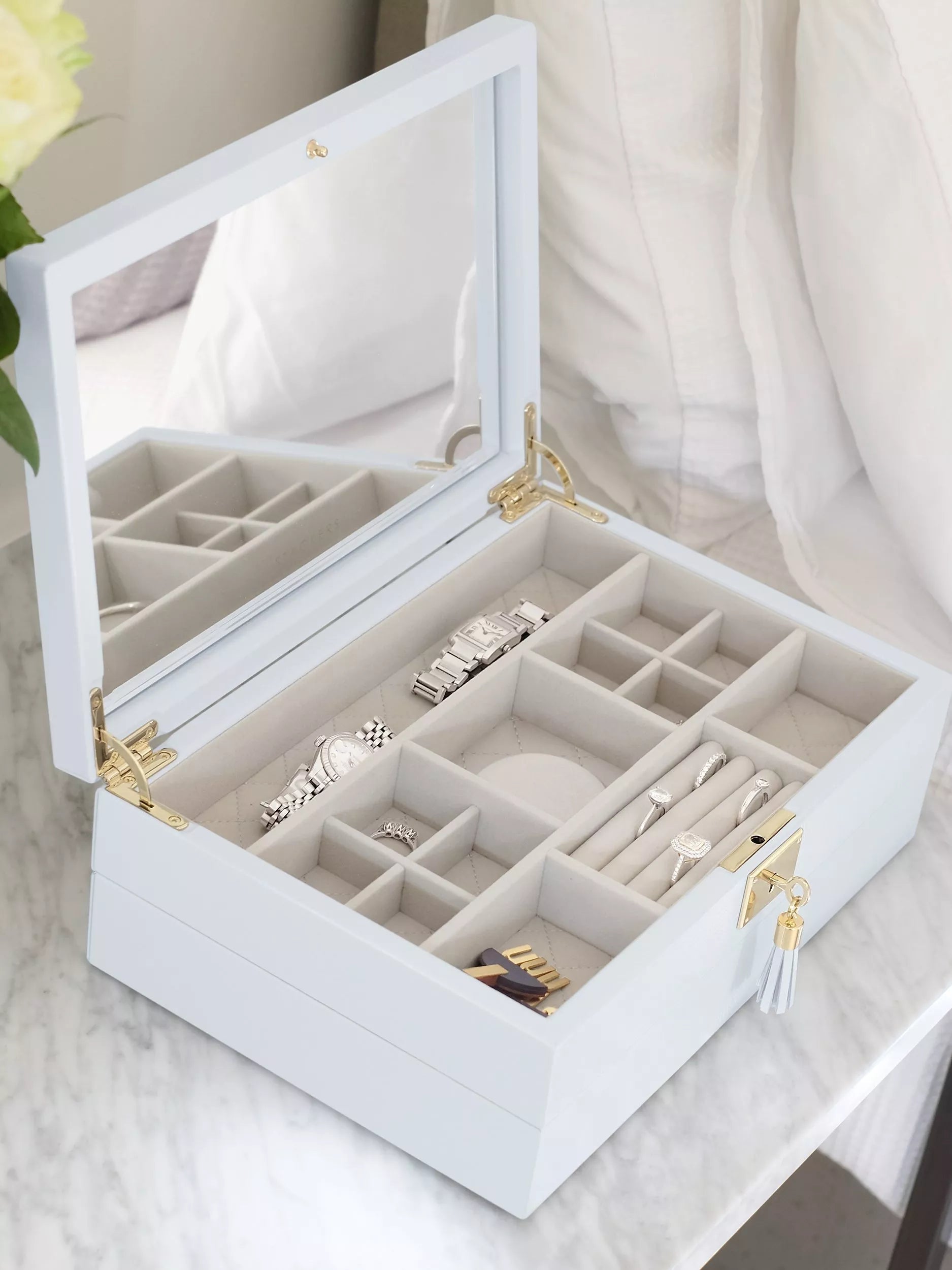 Stackers blue leather jewellery box with mirror - British product