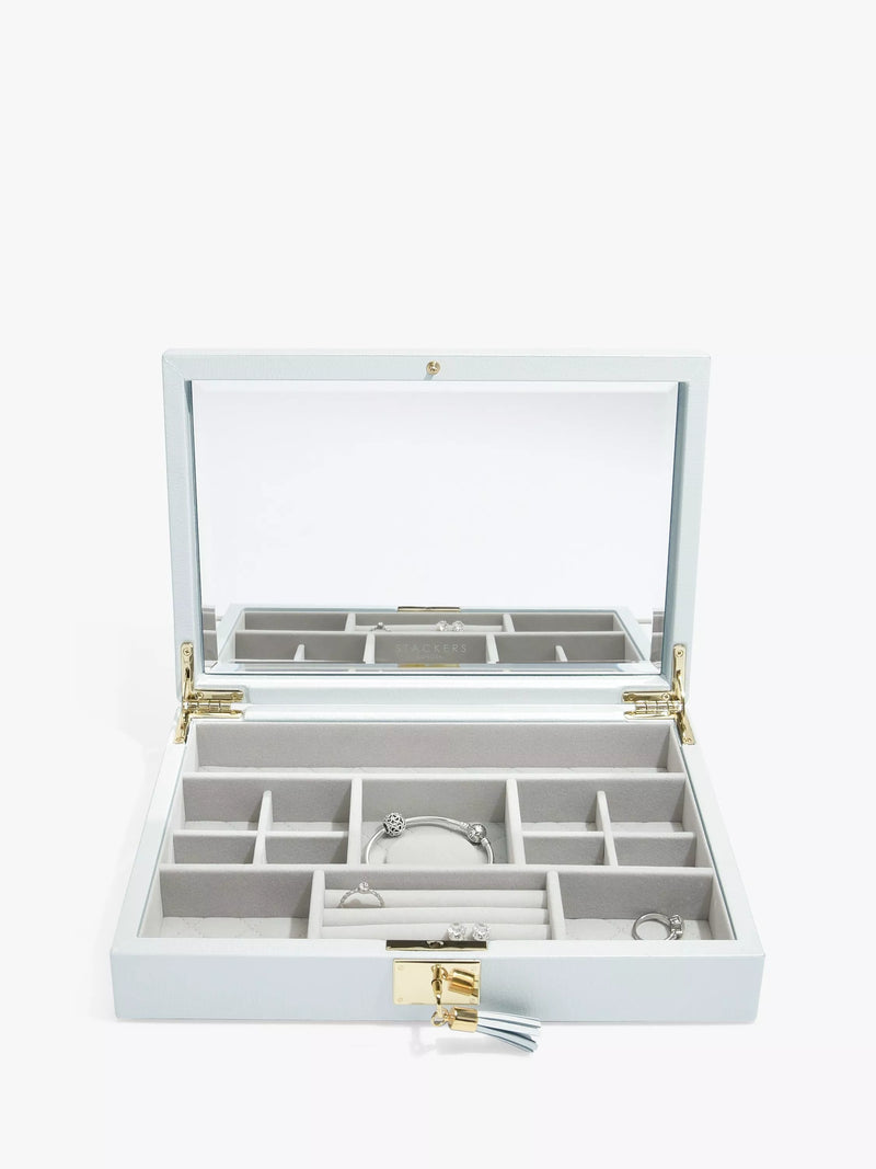 Stackers blue leather jewellery box with mirror - British product