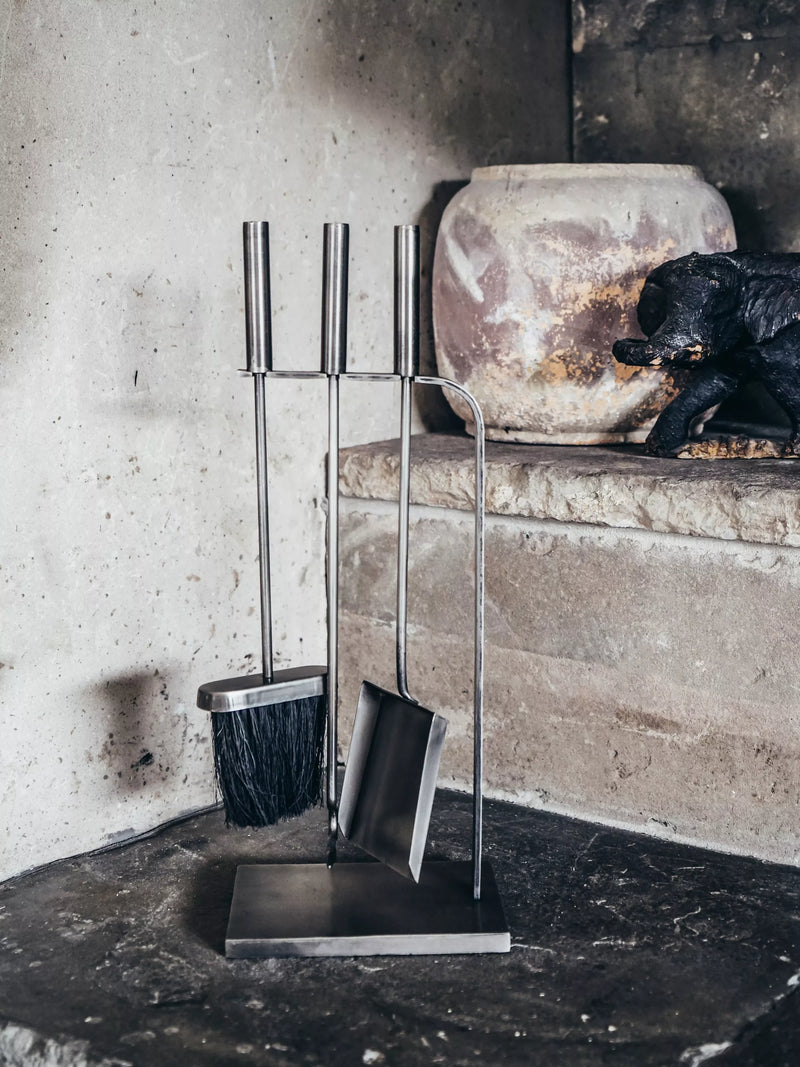 Ivyline pewter fireside set with brush, shovel, and poker, UK version