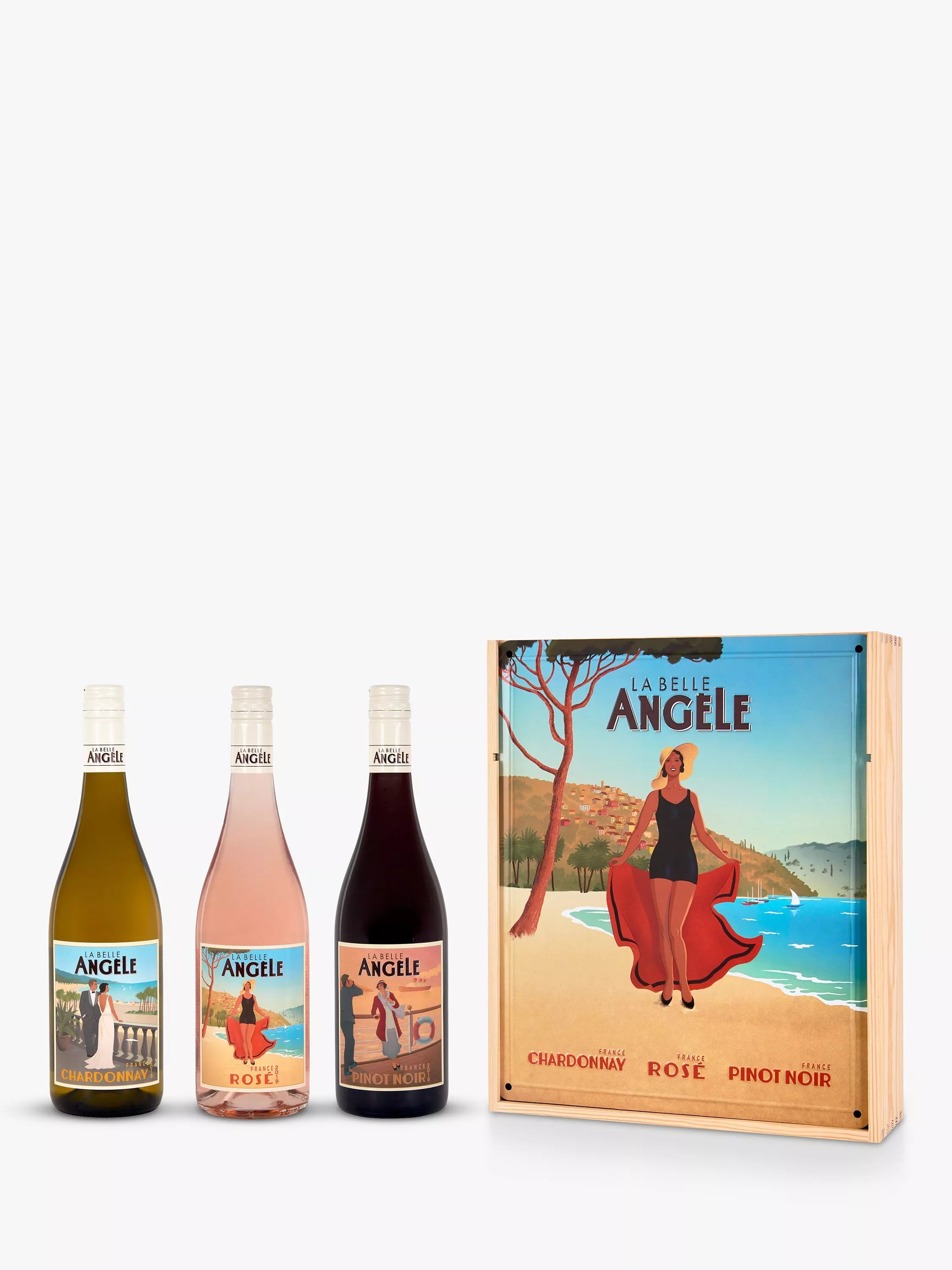 La Belle Angèle wine trio set with Chardonnay, Rosé, and Pinot Noir, 3x 75cl, UK version