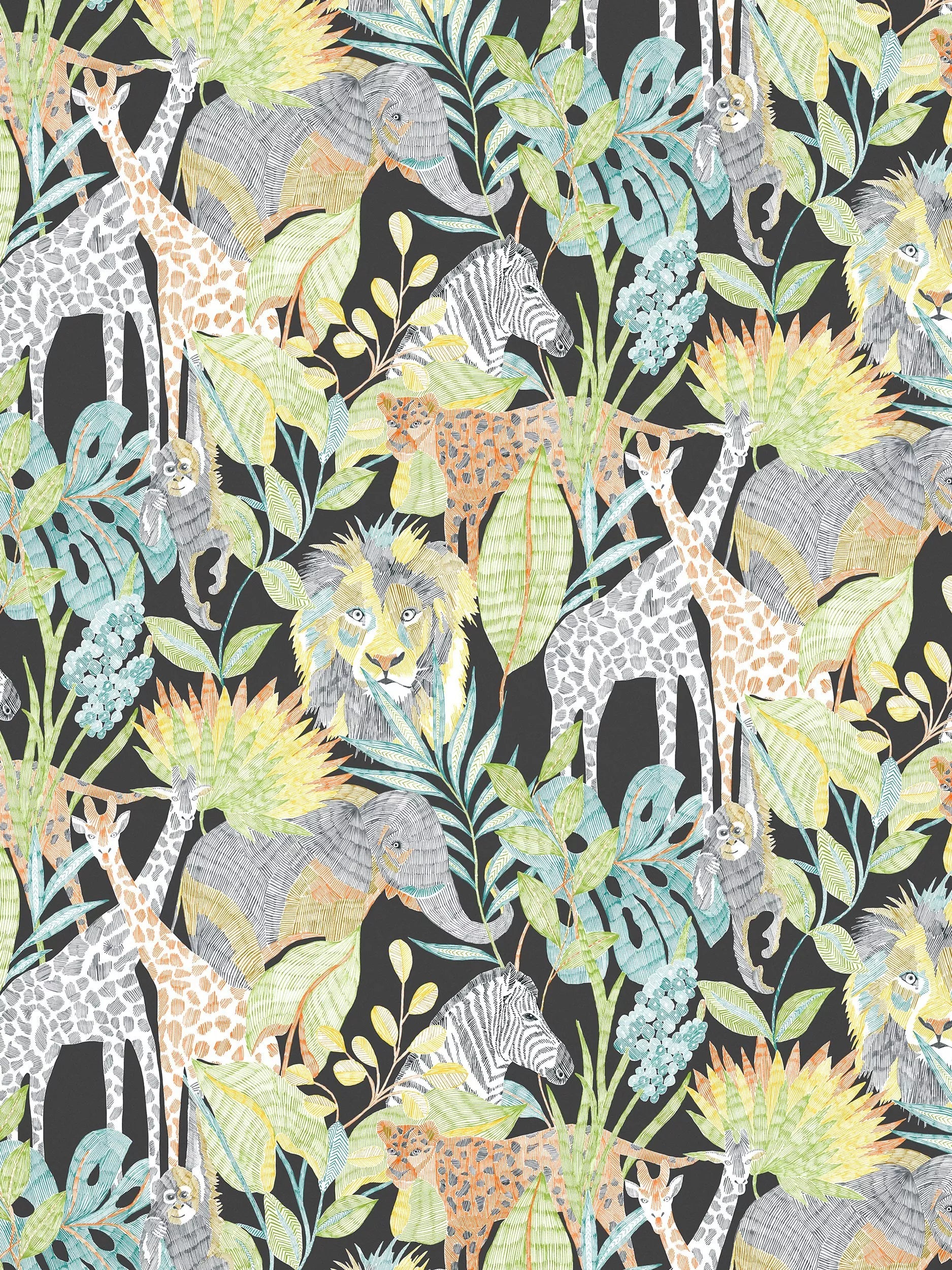 Harlequin Into The Wild wallpaper with jungle animals and acacia leaves - British product
