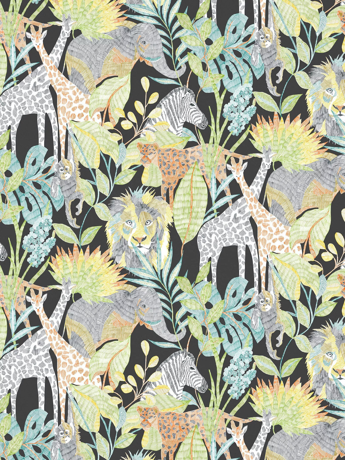 Harlequin Into The Wild wallpaper with jungle animals and acacia leaves - British product
