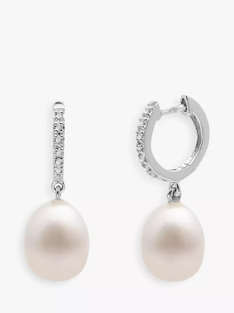 E.W Adams white gold diamond pearl hoop earrings (British brand)