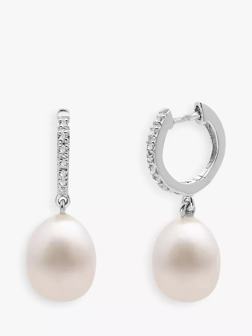 E.W Adams white gold diamond pearl hoop earrings (British brand)