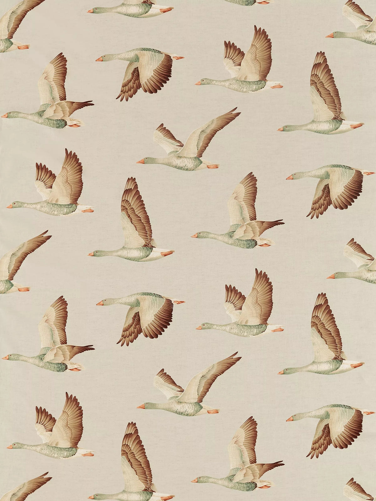 Sanderson Elysian Geese linen blend furnishing fabric Briarwood, UK version