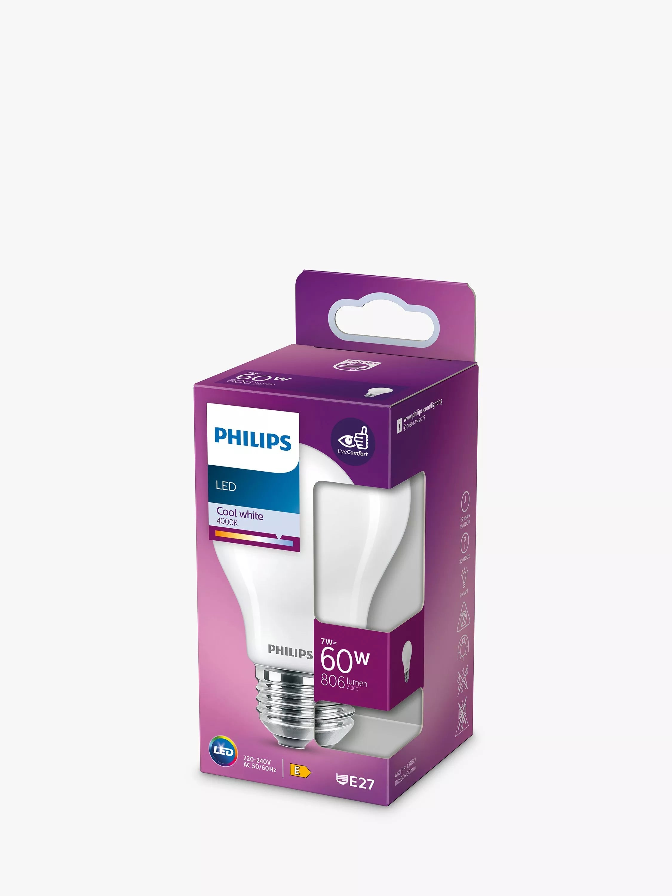 Philips A60 60W LED bulb cool white E27, imported from the UK