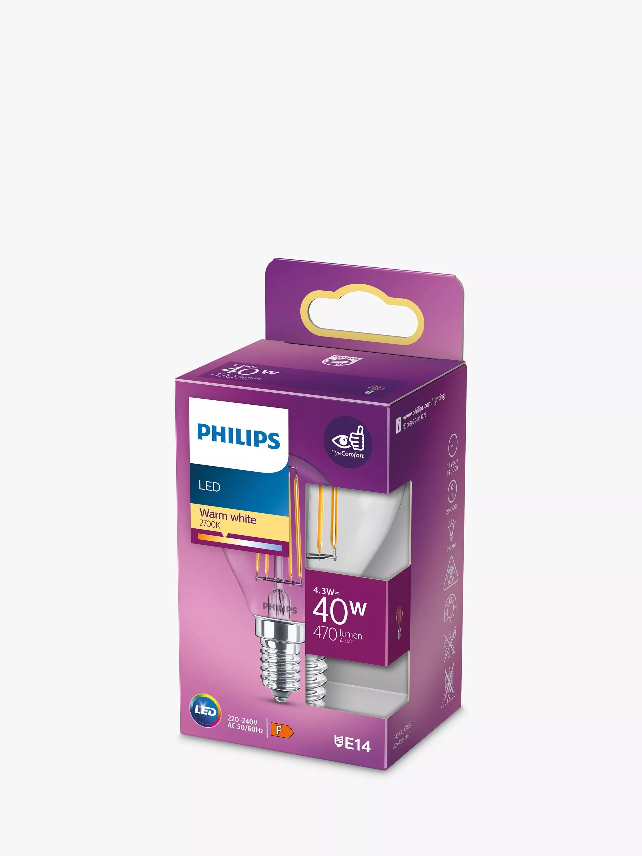 Philips 4.3W E14 LED clear non-dimmable classic bulb (British brand)