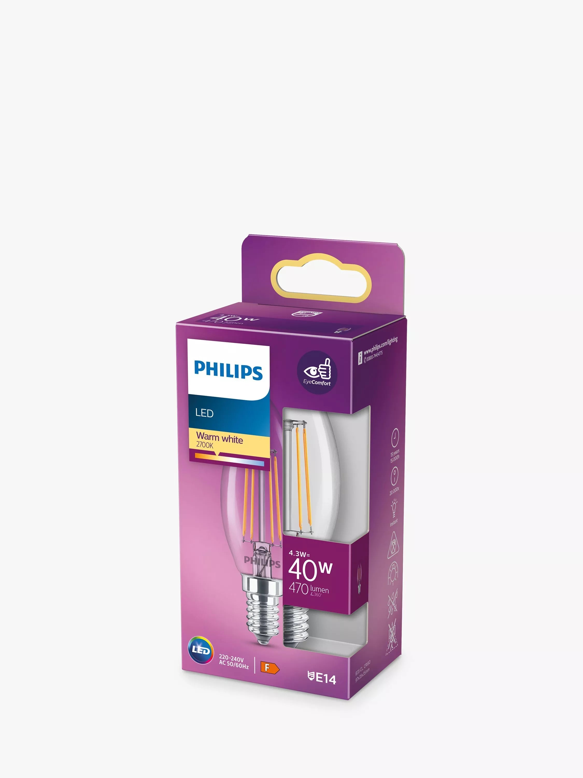 Philips LED candle bulb 4.3W E14 clear - British product